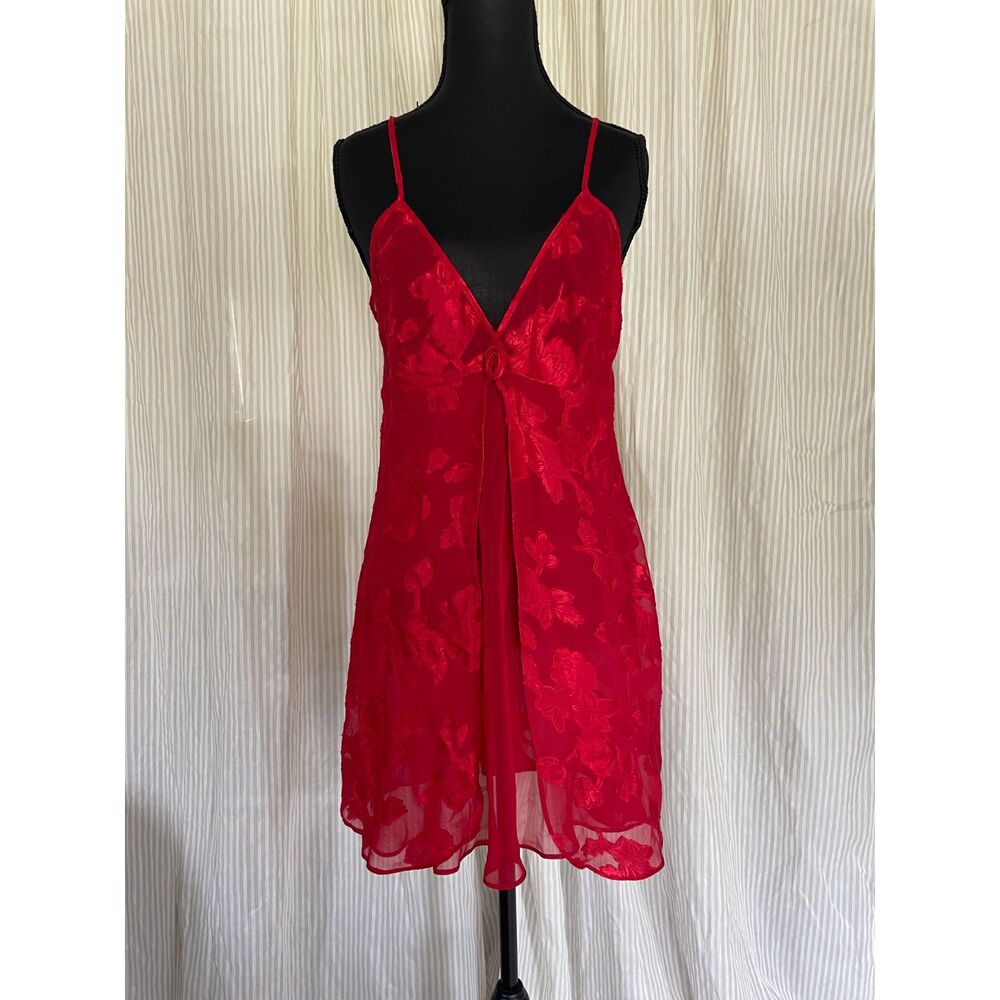 Vintage Y2K Red Sheer Floral Slip Dress Babydoll Mesh Fairy Grunge Lingerie Mini